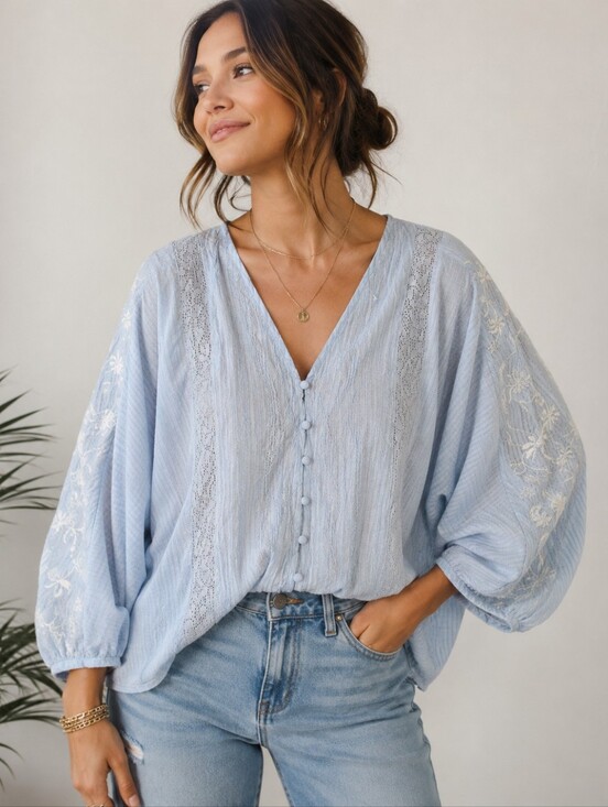 Zara Tops - Zara Women's Oversized Light Blue Embroidered Lace Boho Blouse Size M NWOT